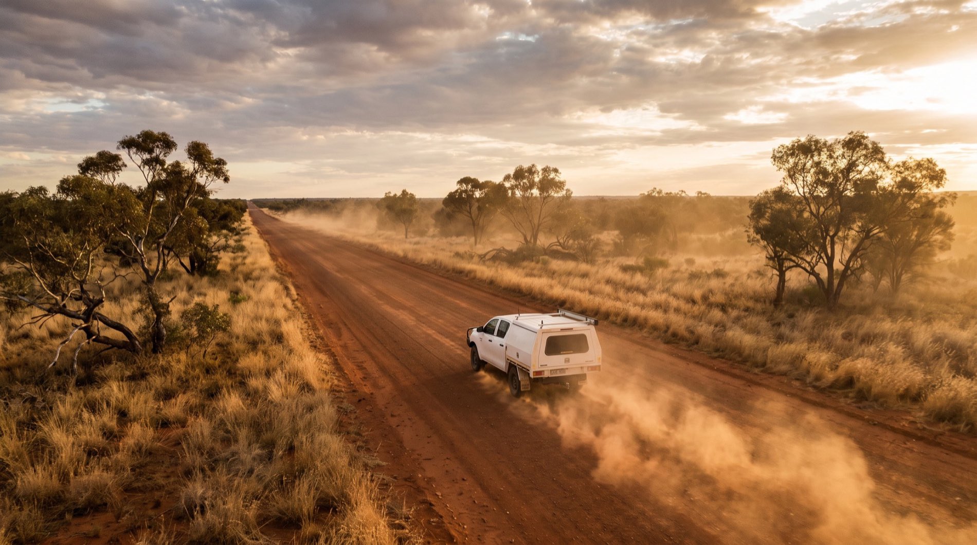 A service ute driving away down a red dirt road through dry Central Queensland country in late afternoon light