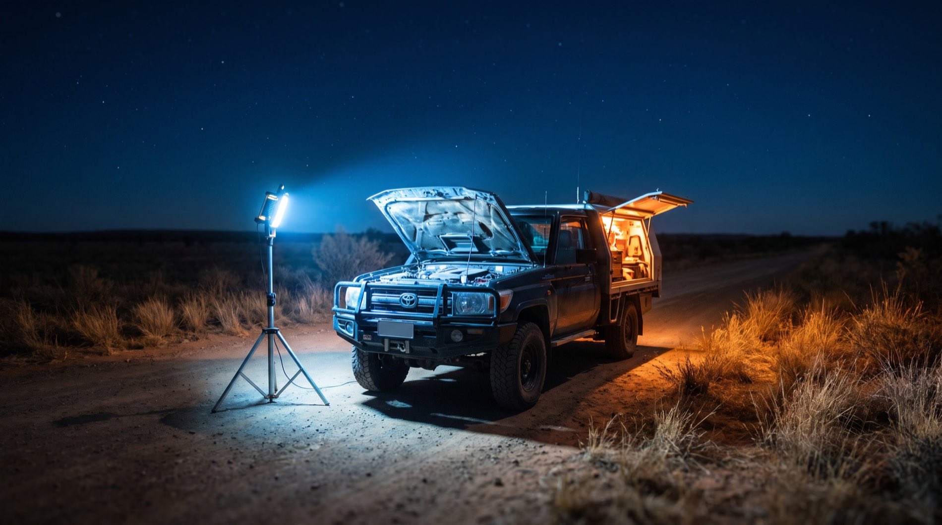 A work light on a tripod lighting the open bonnet of a four wheel drive on a dark country roadside, a service ute parked behind with its canopy open