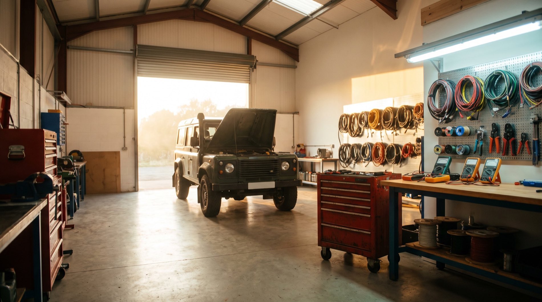 Inside an auto electrical workshop with a four wheel drive over the floor, a tool chest and coiled wiring hanging on a wall rack
