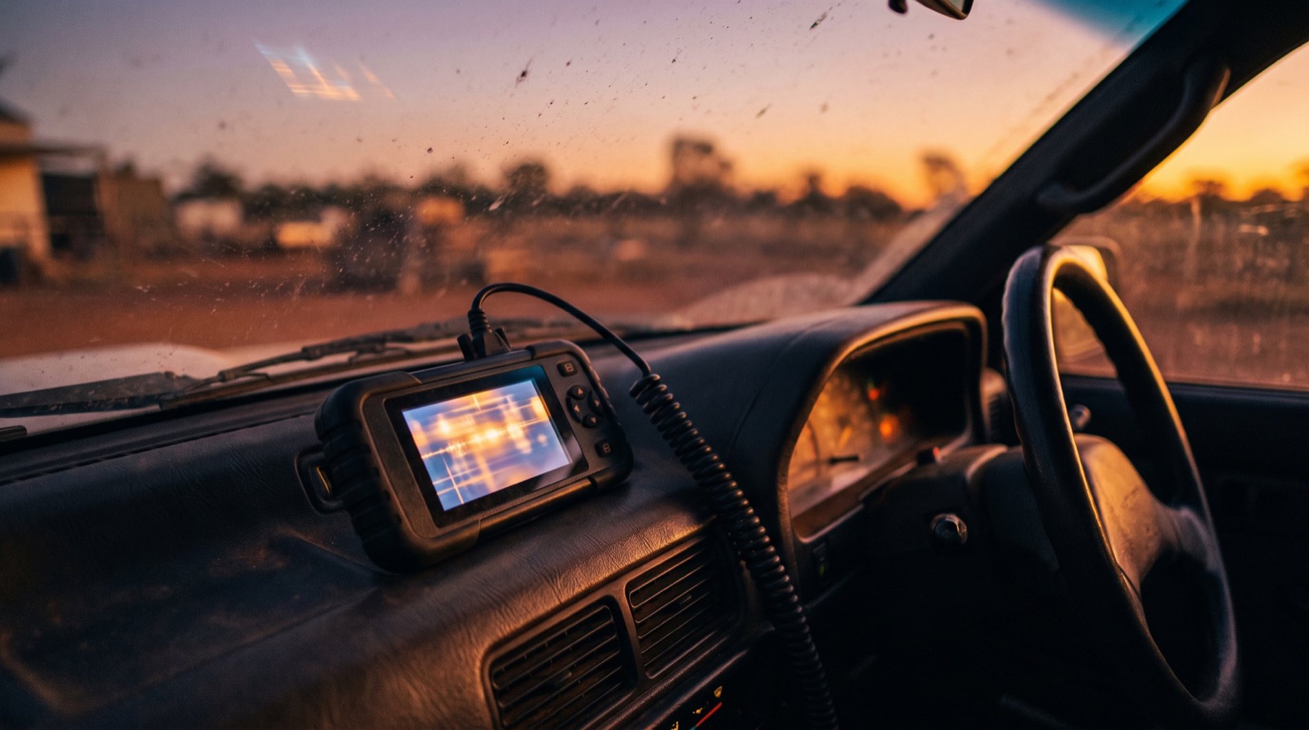 A diagnostic scan tool resting on a vehicle dashboard at dusk with its cable plugged in under the steering column