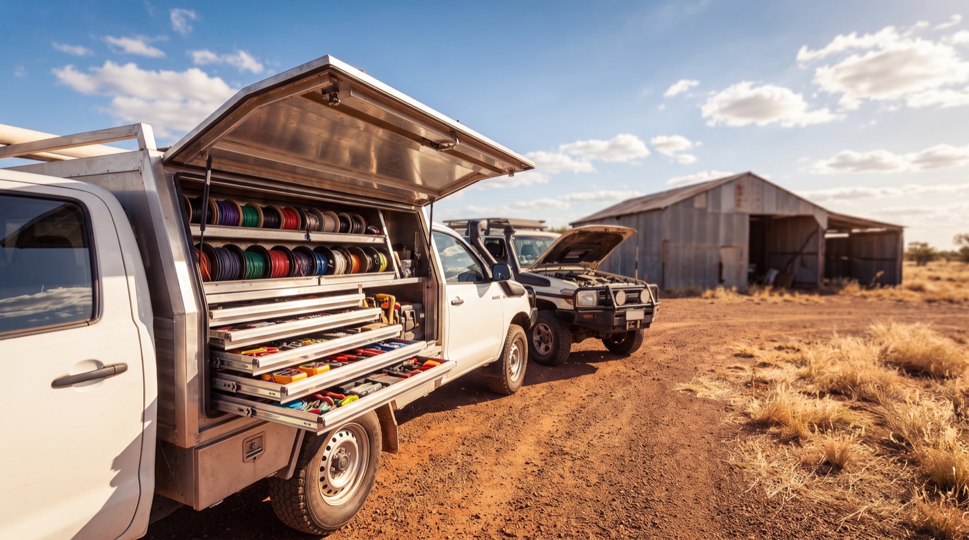 A fitted-out service ute with its canopy open and tool drawers extended, parked on red dirt beside a four wheel drive with the bonnet raised