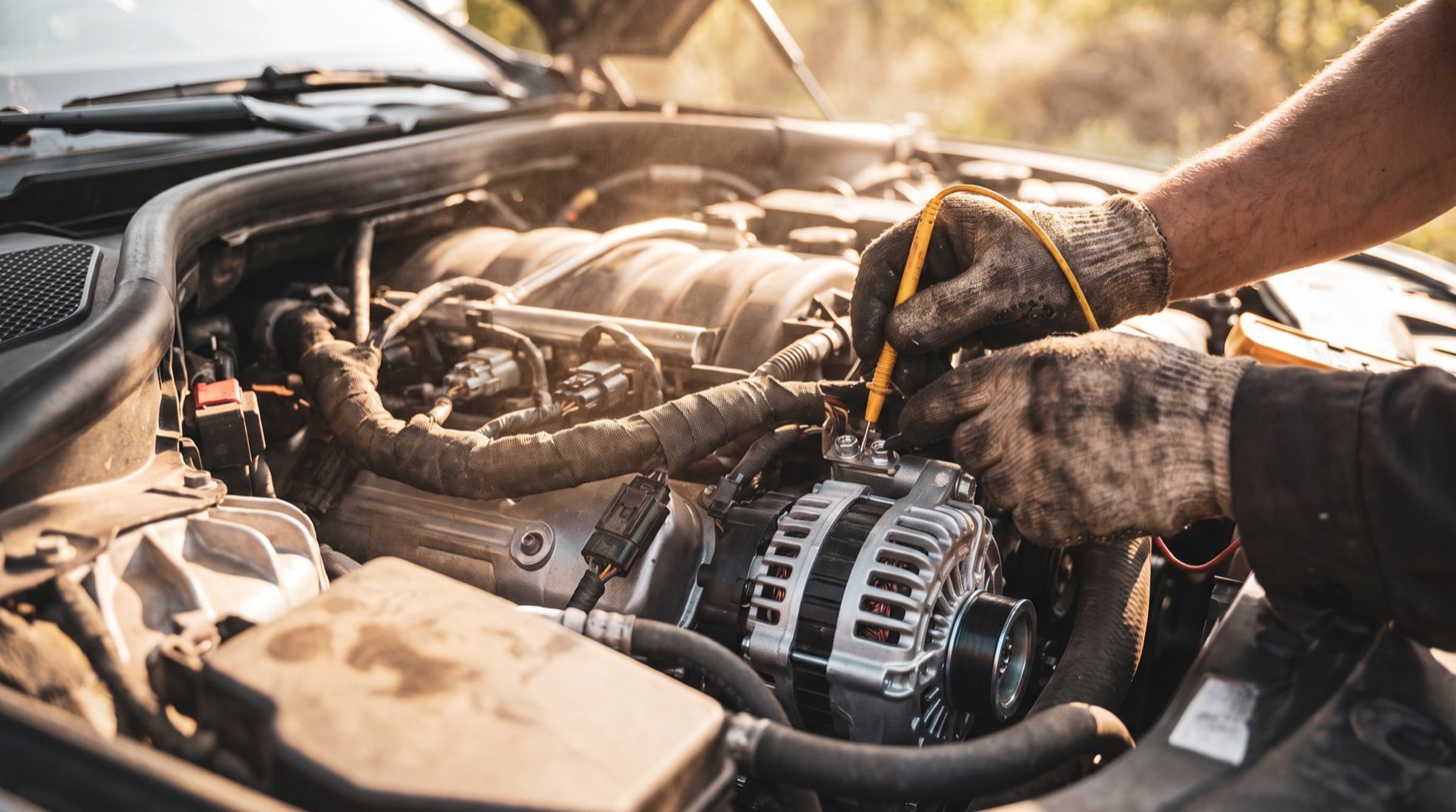 An open engine bay with a wiring harness and alternator, and gloved hands holding a multimeter probe against a terminal