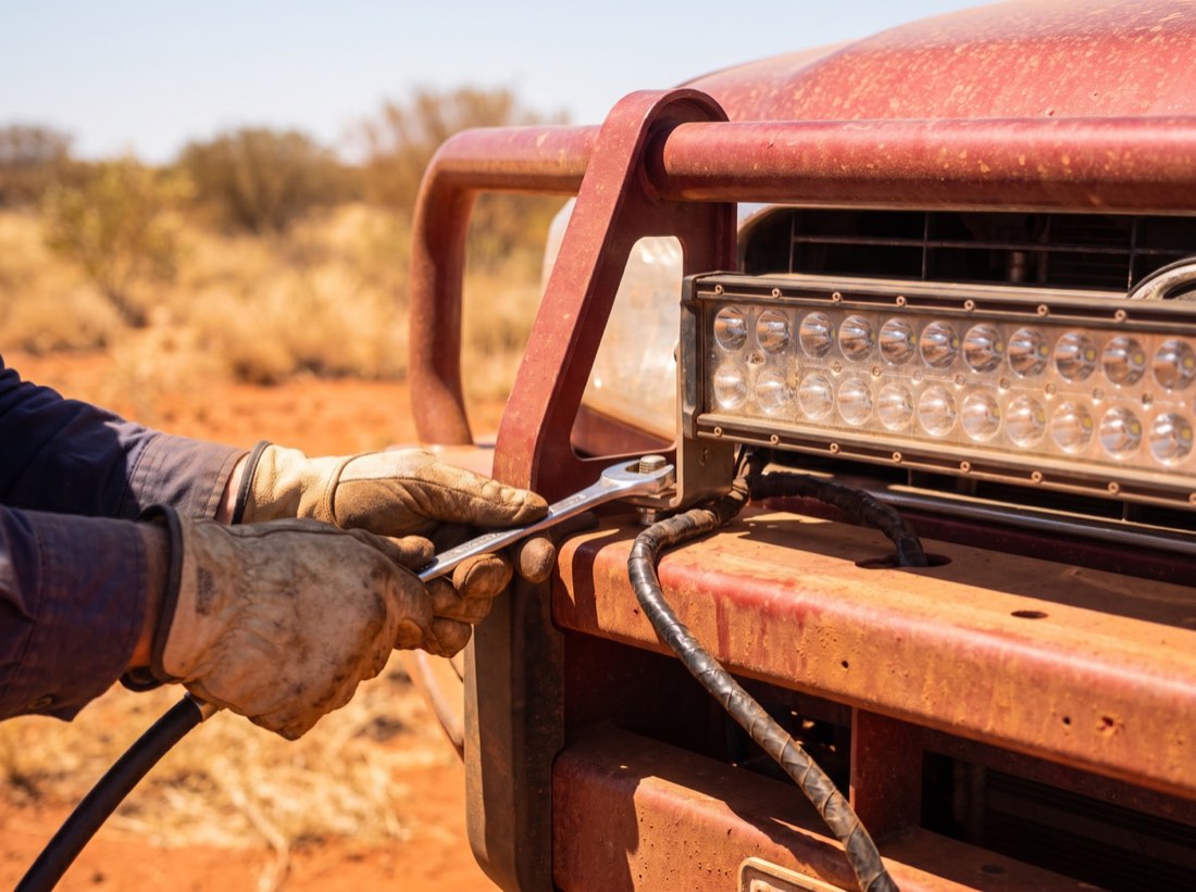 An LED light bar bolted to the bull bar of a four wheel drive with a wiring loom being routed along the bar