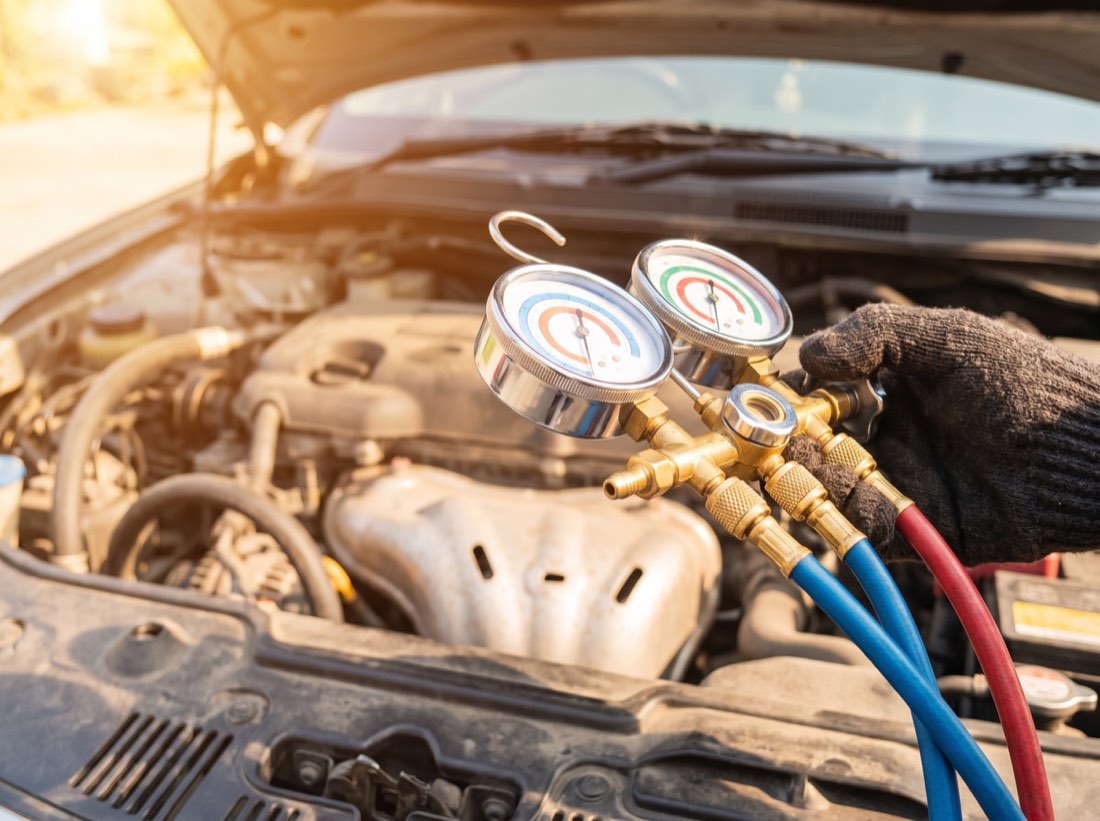 A refrigerant manifold gauge set with blue and red hoses connected to the air conditioning ports in an open engine bay