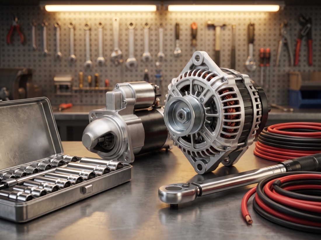 An alternator and a starter motor on a steel workbench beside a socket set, a torque wrench and coils of automotive cable