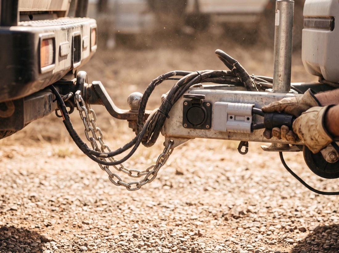 A tow hitch and safety chains with a trailer plug and a high-current connector being coupled between a four wheel drive and a caravan